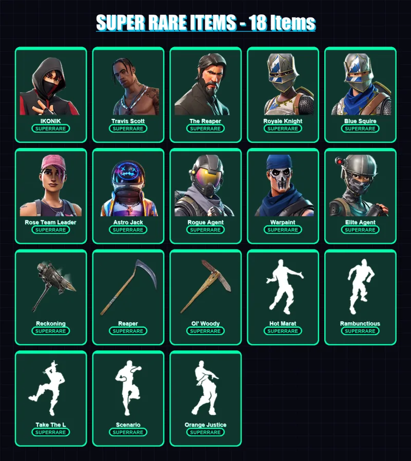 [PS4/PS5/XBOX/PC] | IKONIK | Travis Scott | The Reaper | Royale Knight | Blue Squire | 135 skin | 101 pickaxe | 125 emote | 83 glider | Lv1208