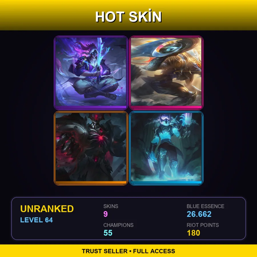 LAS | Lv64 | Unranked | 9 Skin | 55 Champ — LoL account