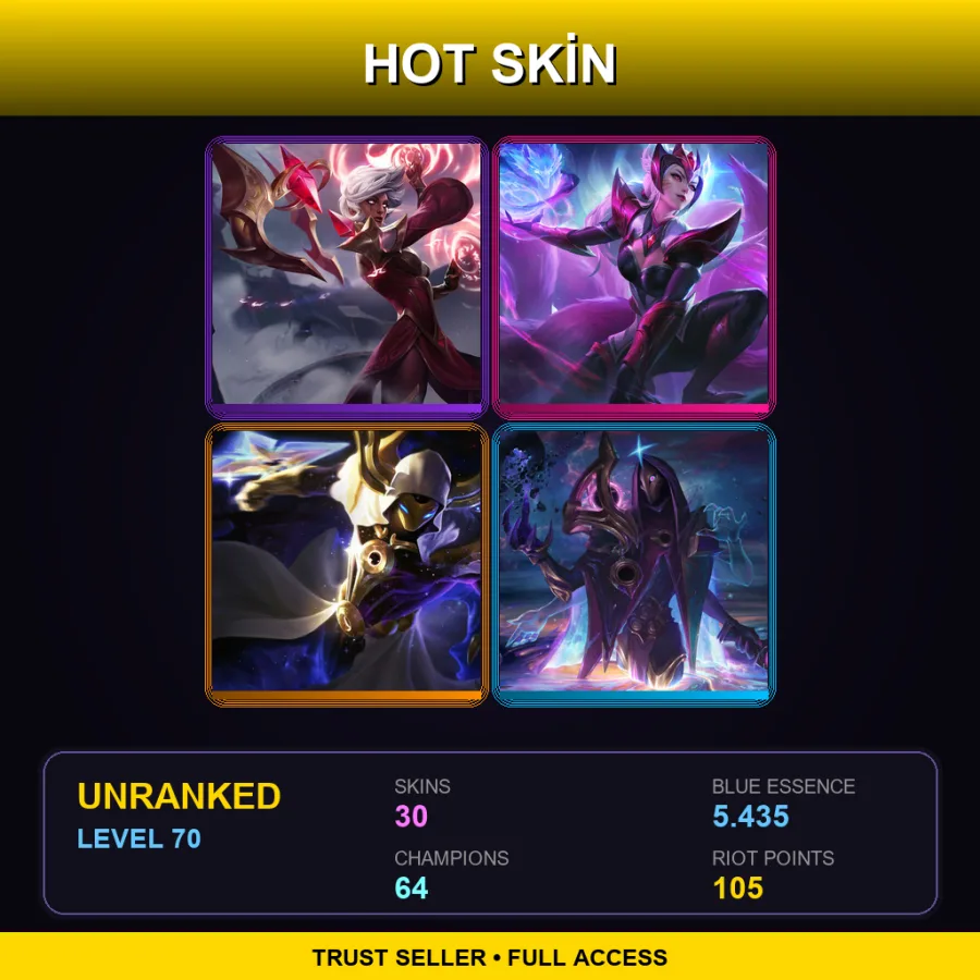 EUW | Conqueror Karma | Challenger Ahri | Cosmic Reaver Kassadin | Dark Cosmic Jhin | 30 Skin | 64 Champ | Lv70
