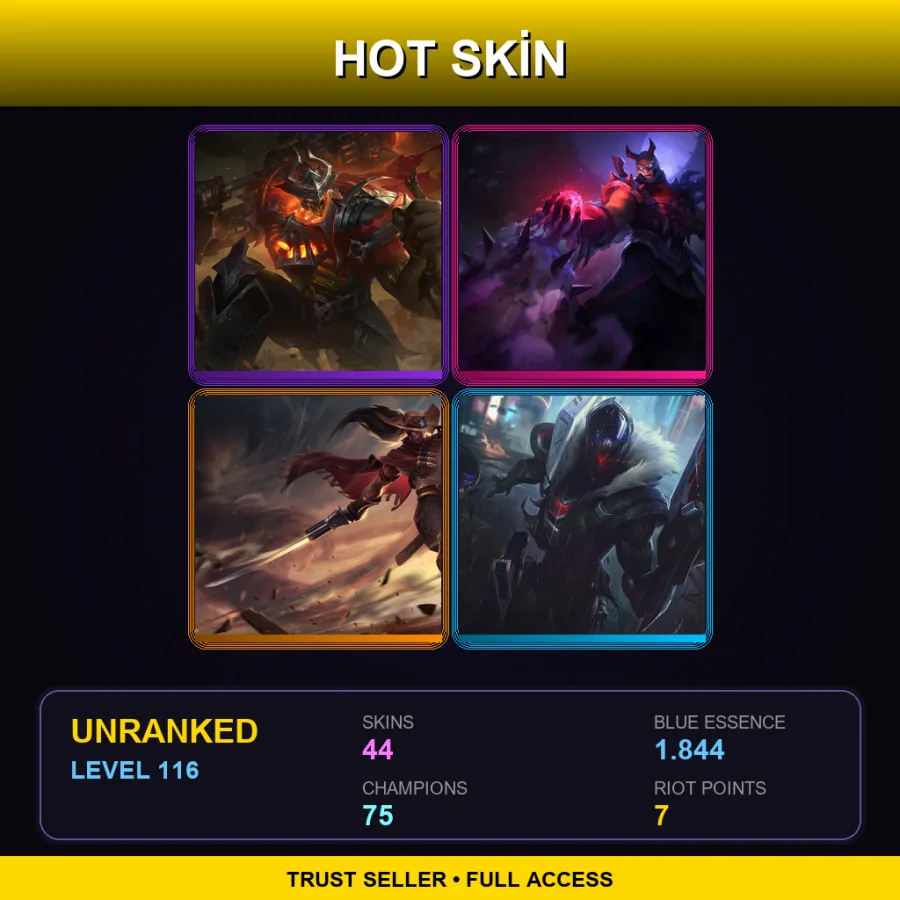 SG | High Noon Mordekaiser | Blood Moon Shen | High Noon Yasuo | PROJECT: Jhin | 44 Skin | 75 Champ | Lv116