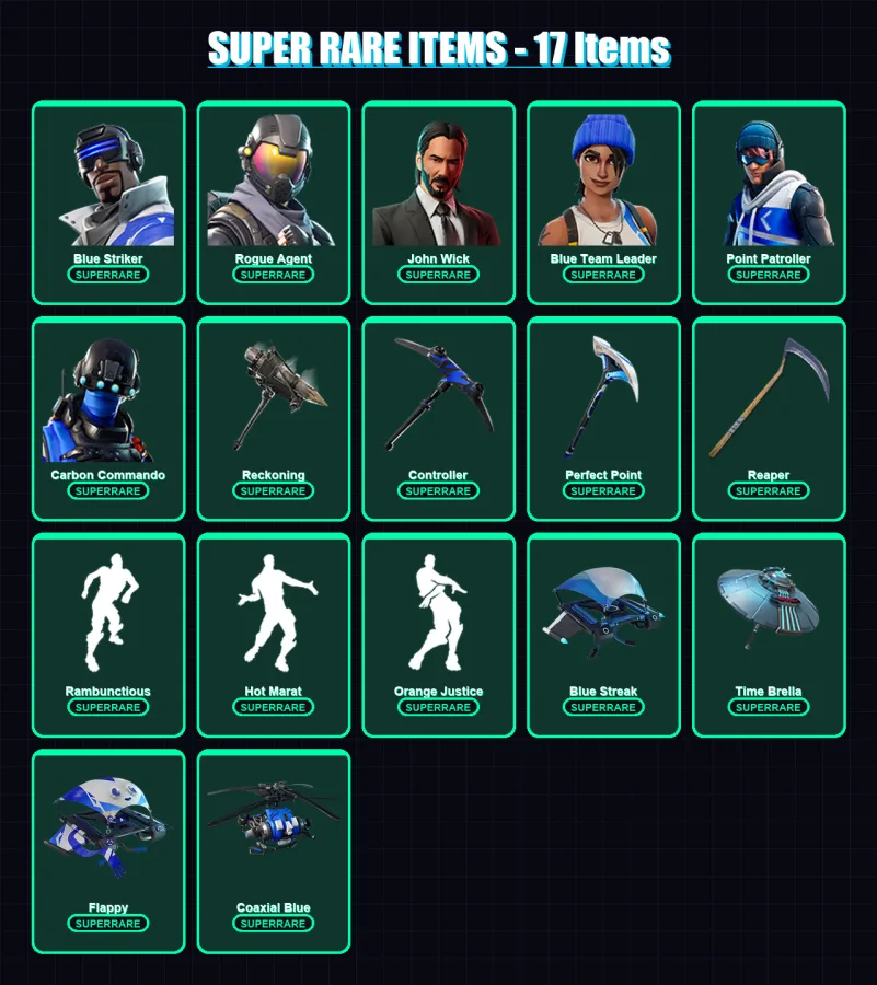 [PC/XBOX/PSN] | Blue Striker | Rogue Agent | John Wick | Blue Team Leader | Point Patroller | 215 skin | 267 pickaxe | 219 emote | 204 glider | Lv34