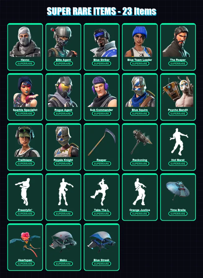 [PC] | Havoc | Elite Agent | Blue Striker | Blue Team Leader | The Reaper | 102 skin | 56 pickaxe | 81 emote | 73 glider | Lv944