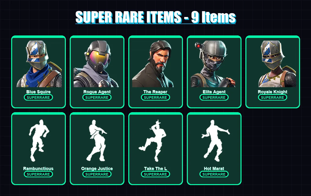 [PS4/PS5/XBOX/PC] | Blue Squire | Rogue Agent | The Reaper | Elite Agent | Royale Knight | 24 skin | 22 pickaxe | 35 emote | 28 glider | Lv619