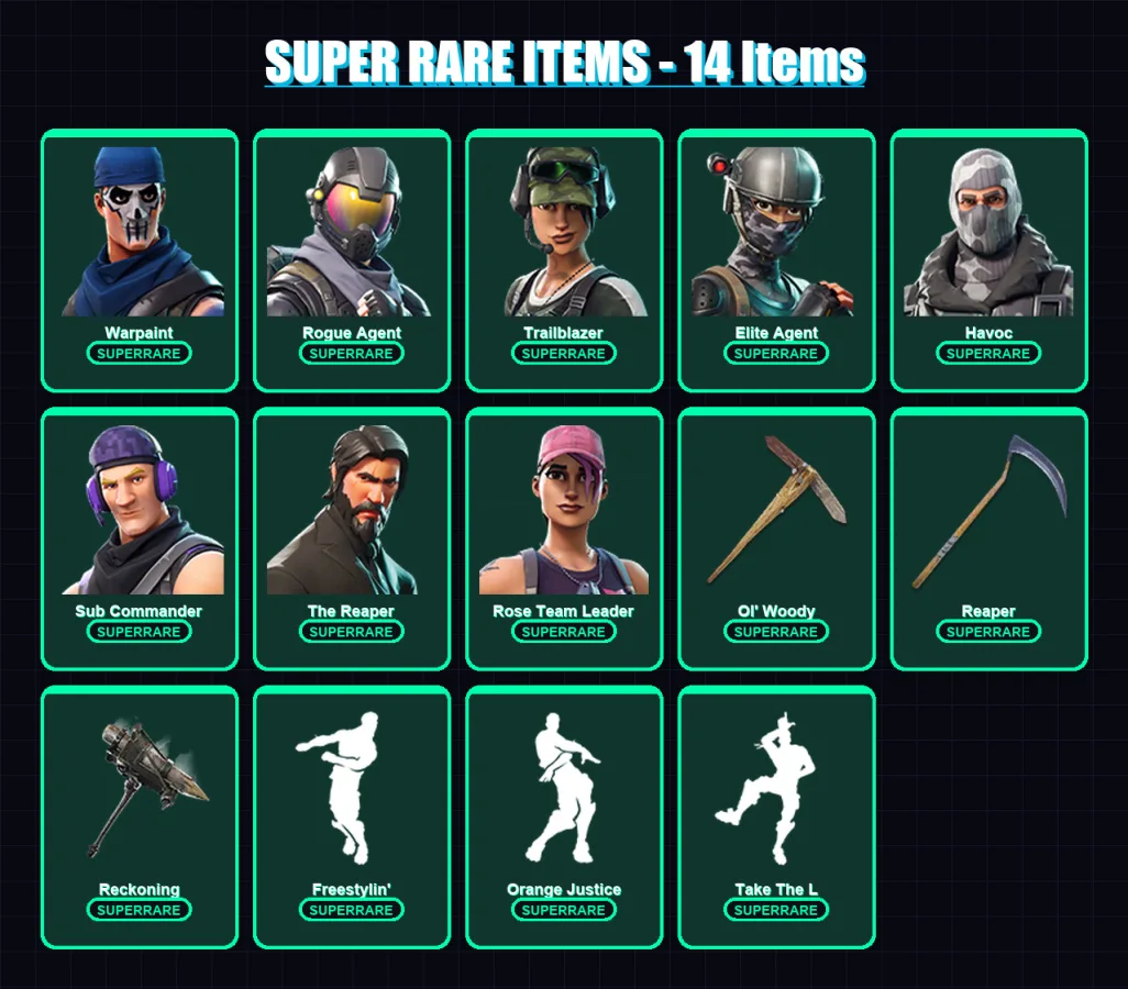 [PS4/PS5/XBOX/PC] | Warpaint | Rogue Agent | Trailblazer | Elite Agent | Havoc | 140 skin | 166 pickaxe | 123 emote | 107 glider | Lv1465
