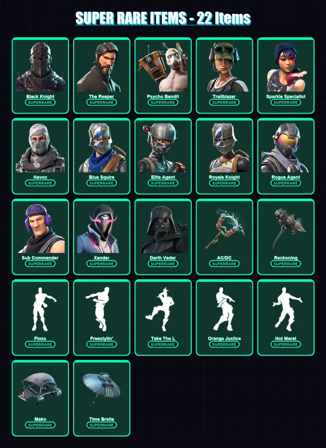 [PC/XBOX/PSN] | Black Knight | Omega | The Reaper | Psycho Bandit | Trailblazer | 200 skin | 206 pickaxe | 194 emote | 173 glider | Lv2518