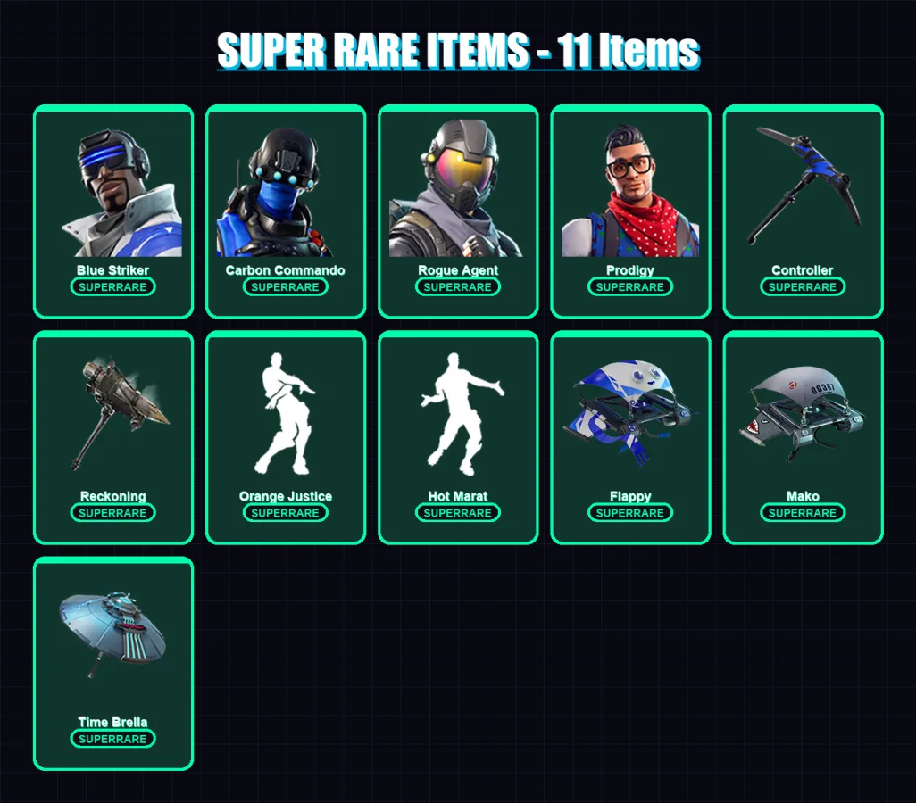 [PS4/PS5/XBOX/PC] | Blue Striker | Carbon Commando | Rogue Agent | Prodigy | The Foundation | 52 skin | 59 pickaxe | 65 emote | 68 glider | Lv1262