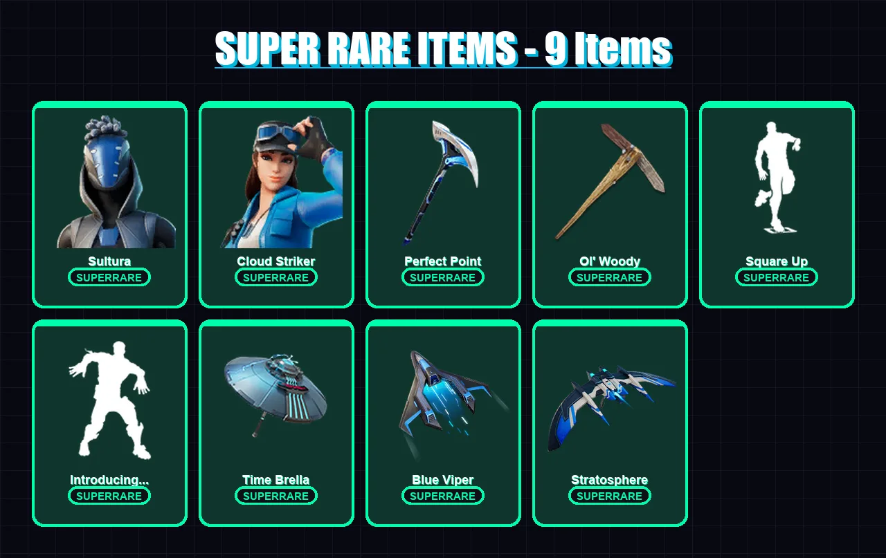 [PS4/PS5/XBOX/PC] | Sultura | Cloud Striker | Fade | Frostbite | The Origin | 138 skin | 163 pickaxe | 147 emote | 137 glider | Lv1801