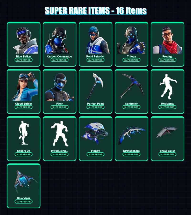 [PS4/PS5/XBOX/PC] | Blue Striker | Carbon Commando | Point Patroller | Trilogy | Prodigy | 21 skin | 35 pickaxe | 37 emote | 40 glider | Lv652 — Fortnite account