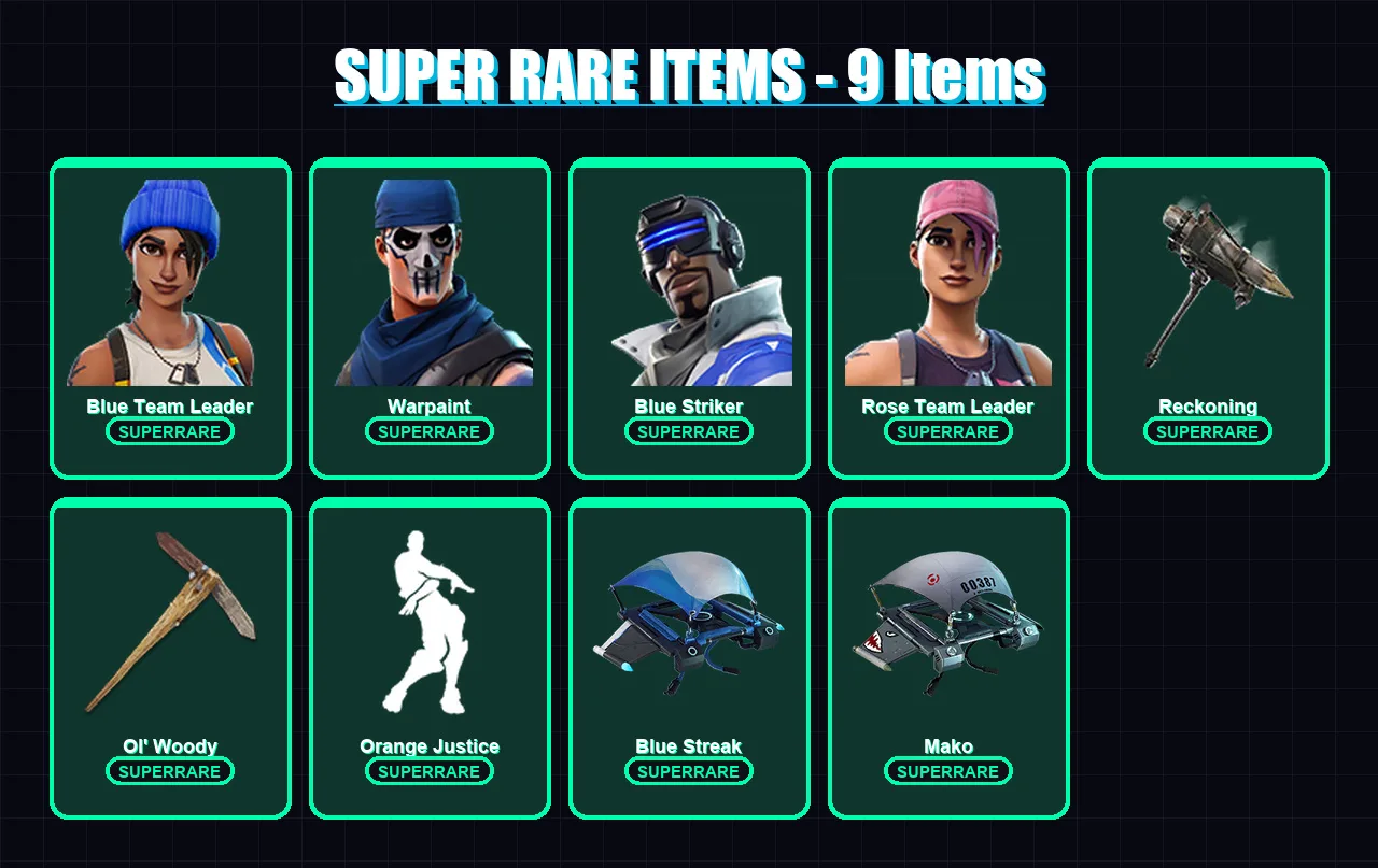 [PS4/PS5/XBOX/PC] | Blue Team Leader | Warpaint | Blue Striker | Rose Team Leader | Blackheart | 29 skin | 68 pickaxe | 49 emote | 60 glider | Lv119