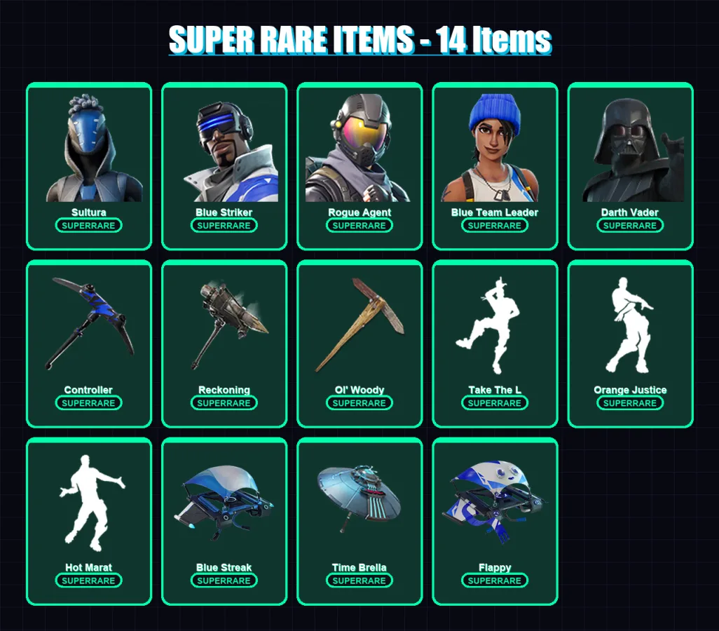 [PC] | Sultura | Blue Striker | Rogue Agent | Blue Team Leader | Darth Vader | 164 skin | 167 pickaxe | 127 emote | 122 glider | Lv1448