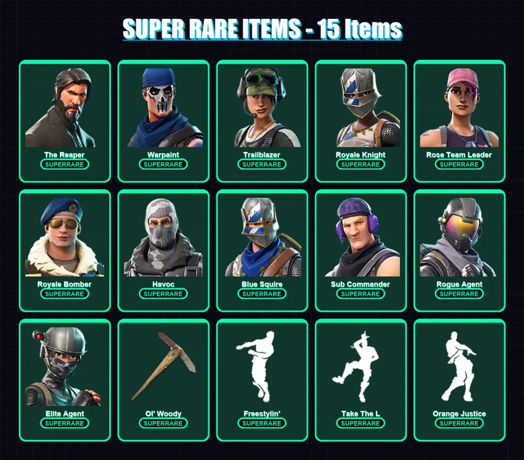 [PC/XBOX/PSN] | The Reaper | Warpaint | Trailblazer | Royale Knight | Rose Team Leader | 43 skin | 21 pickaxe | 27 emote | 26 glider | Lv269