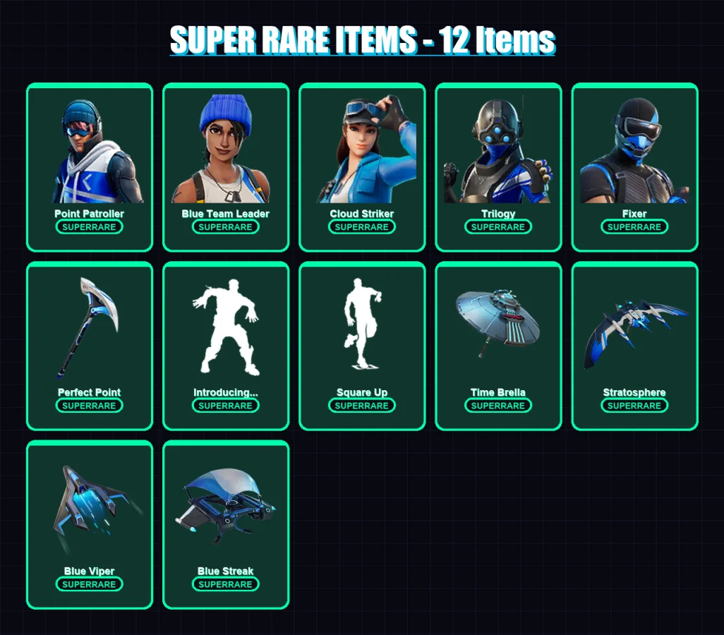 [PS4/PS5/XBOX/PC] | Point Patroller | Blue Team Leader | Cloud Striker | Trilogy | Fixer | 212 skin | 238 pickaxe | 157 emote | 178 glider | Lv2633
