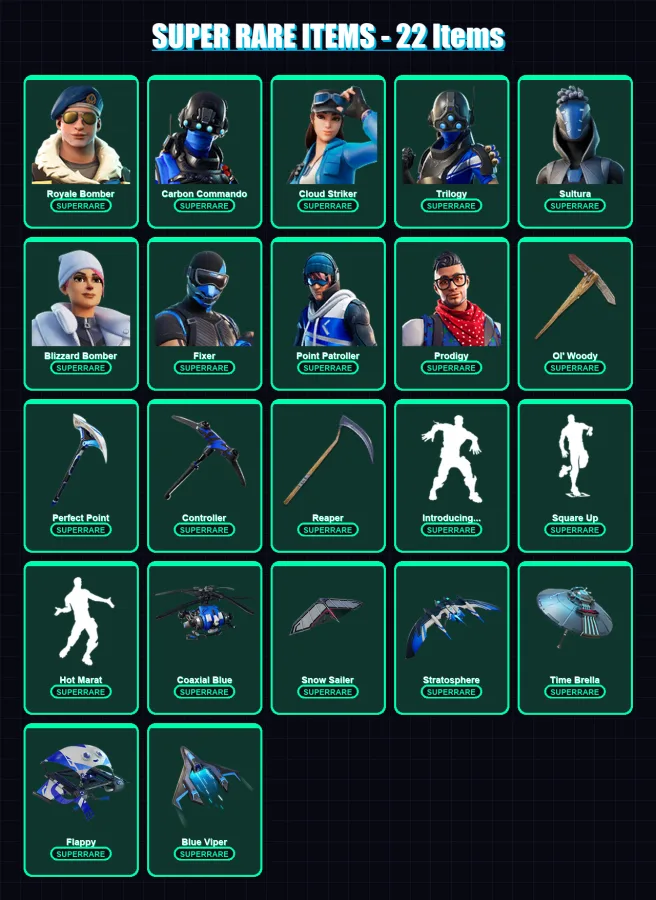 [PC] | Royale Bomber | Carbon Commando | Cloud Striker | Trilogy | Sultura | 135 skin | 153 pickaxe | 119 emote | 119 glider | Lv1372