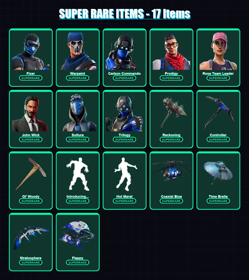 [PC/XBOX] | Fixer | Warpaint | Carbon Commando | Prodigy | Rose Team Leader | 186 skin | 169 pickaxe | 251 emote | 176 glider | Lv2156