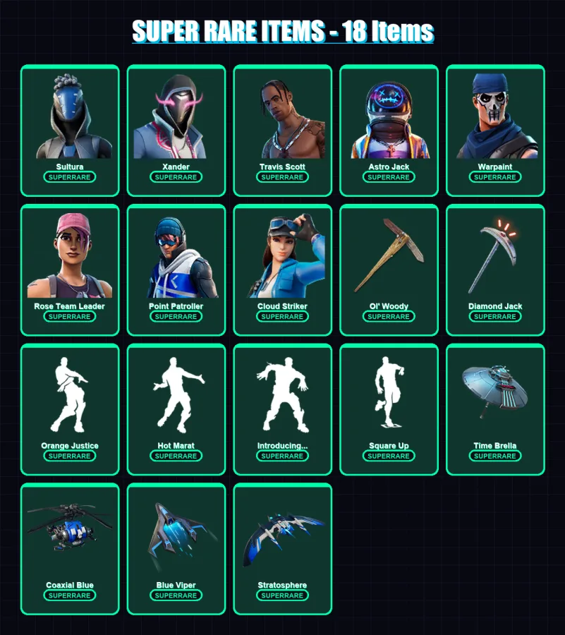 [PS4/PS5/XBOX/PC] | Sultura | Xander | Travis Scott | Astro Jack | Warpaint | 119 skin | 138 pickaxe | 127 emote | 124 glider | Lv1474