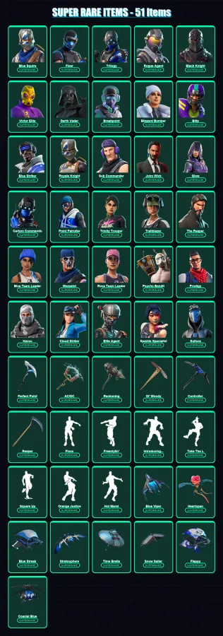 [PC] | Blue Squire | Fixer | Trilogy | Rogue Agent | Black Knight | 724 skin | 443 pickaxe | 355 emote | 243 glider | Lv3107