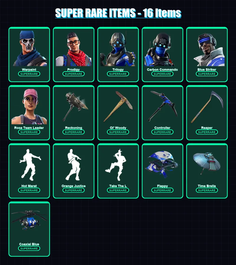 [PC/XBOX/PSN] | Warpaint | Prodigy | Trilogy | Carbon Commando | Blue Striker | 113 skin | 120 pickaxe | 126 emote | 104 glider | Lv1427