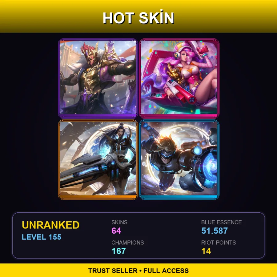 VN | Lv155 | Unranked | 64 Skin | 167 Champ — LoL account