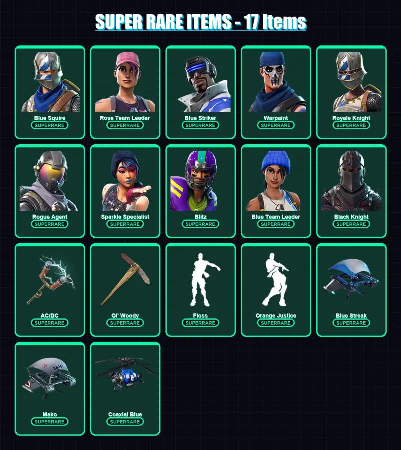 [PS4/PS5/XBOX/PC] | Blue Squire | Rose Team Leader | Blue Striker | Warpaint | Royale Knight | 60 skin | 46 pickaxe | 53 emote | 52 glider | Lv851