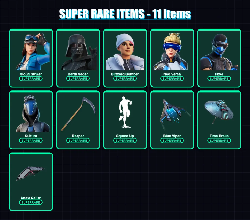[PS4/PS5/XBOX/PC] | Cloud Striker | Darth Vader | Blizzard Bomber | Neo Versa | Fixer | 132 skin | 138 pickaxe | 97 emote | 130 glider | Lv1860