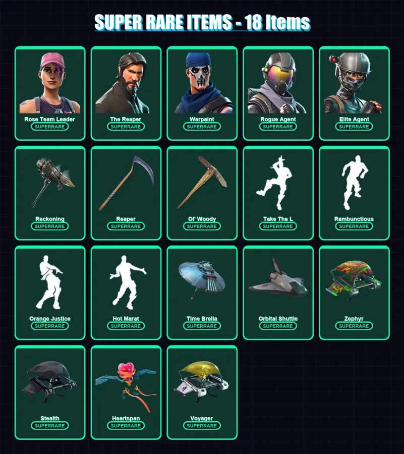 [PC/XBOX/PSN] | Rose Team Leader | The Reaper | Warpaint | Rogue Agent | Elite Agent | 193 skin | 132 pickaxe | 157 emote | 122 glider | Lv879