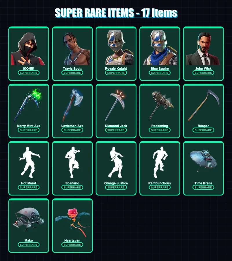 [PS4/PS5/XBOX/PC] | IKONIK | Travis Scott | Royale Knight | Blue Squire | John Wick | 165 skin | 162 pickaxe | 146 emote | 149 glider | Lv2657