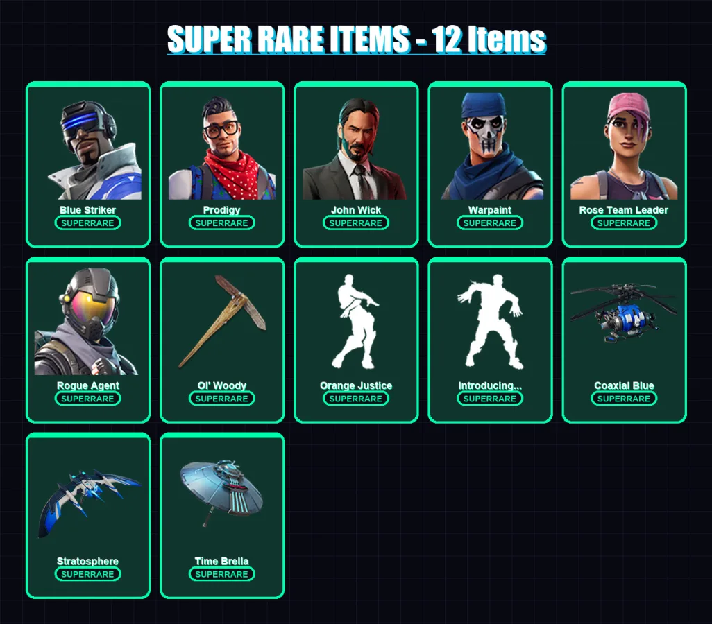 [PC/XBOX] | Blue Striker | Prodigy | John Wick | Warpaint | Rose Team Leader | 60 skin | 48 pickaxe | 61 emote | 51 glider | Lv618