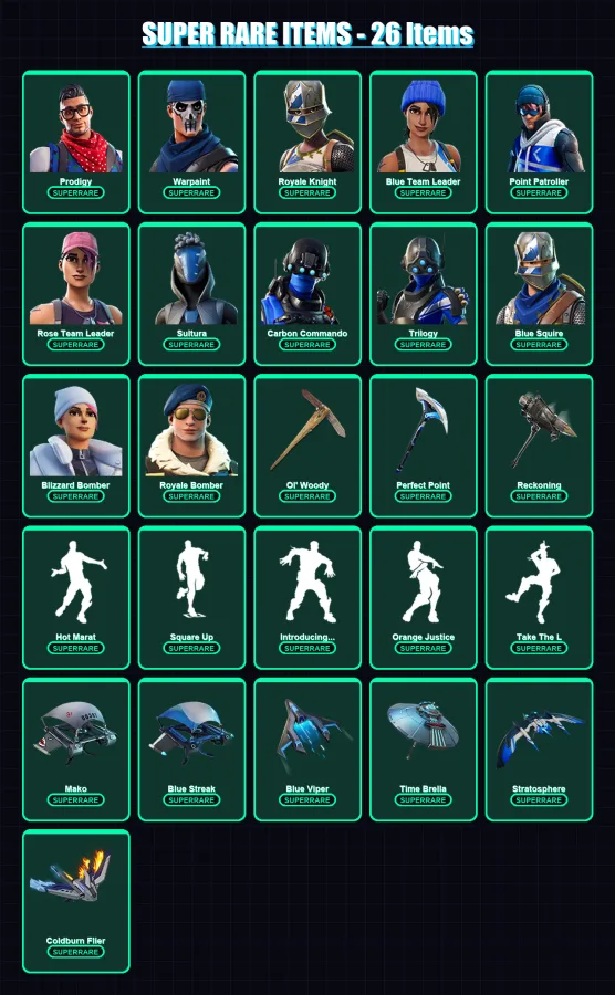 [PS4/PS5/XBOX/PC] | Prodigy | Warpaint | Royale Knight | Blue Team Leader | Point Patroller | 109 skin | 112 pickaxe | 113 emote | 99 glider | Lv103