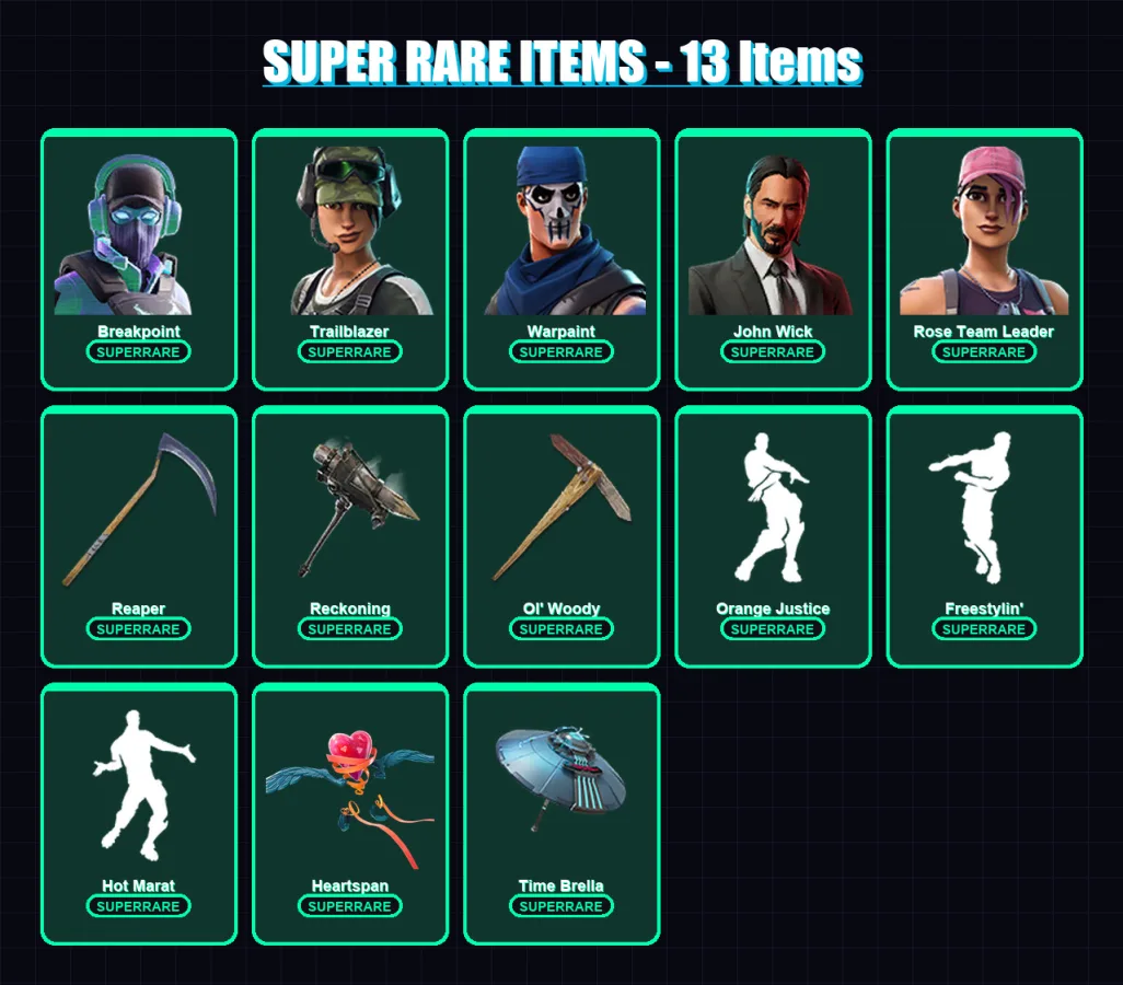 [PC/XBOX/PSN] | Breakpoint | Trailblazer | Warpaint | John Wick | Rose Team Leader | 144 skin | 104 pickaxe | 97 emote | 99 glider | Lv1174