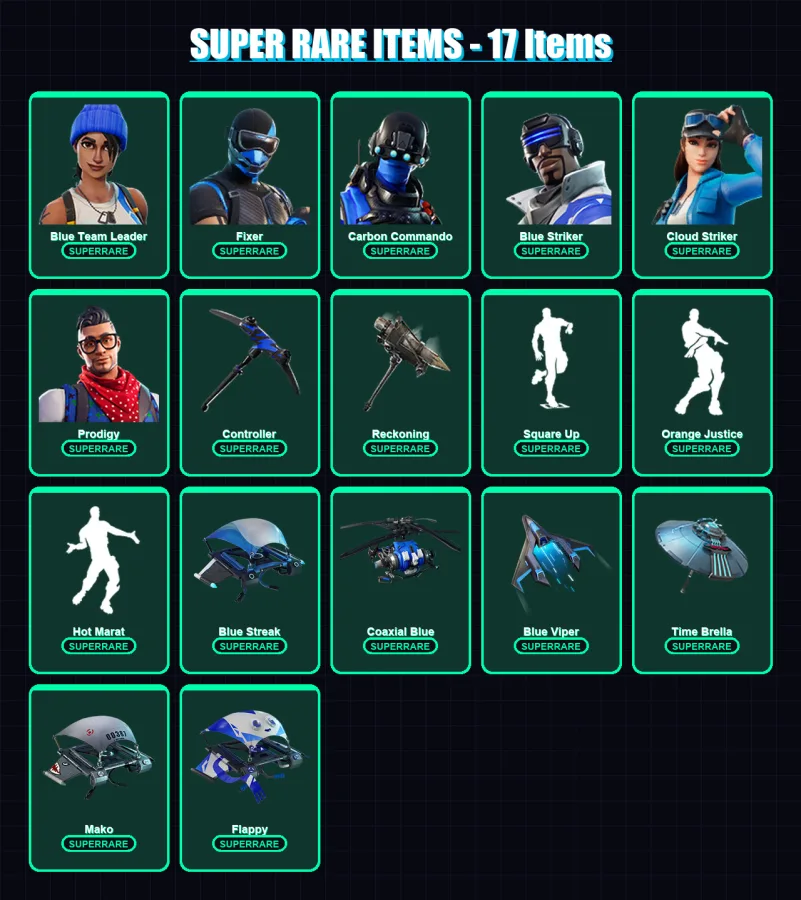 [PS4/PS5/XBOX/PC] | Blue Team Leader | Fixer | Carbon Commando | Blue Striker | Cloud Striker | 64 skin | 107 pickaxe | 84 emote | 104 glider | Lv16