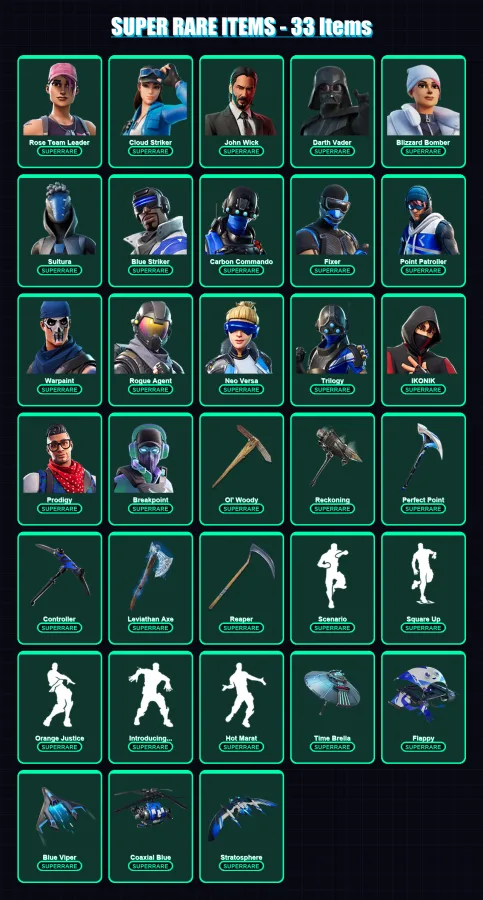 [PC] | Rose Team Leader | Cloud Striker | John Wick | Darth Vader | Blizzard Bomber | 189 skin | 222 pickaxe | 187 emote | 186 glider | Lv2901