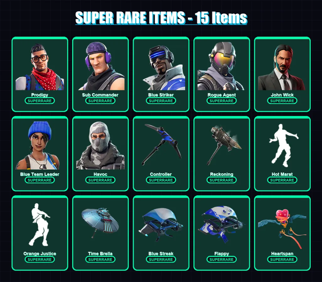 [PC/XBOX] | Prodigy | Sub Commander | Blue Striker | Rogue Agent | John Wick | 142 skin | 99 pickaxe | 132 emote | 109 glider | Lv1601