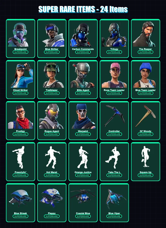 [PS4/PS5/XBOX/PC] | Breakpoint | Blue Striker | Carbon Commando | Trilogy | The Reaper | 115 skin | 113 pickaxe | 114 emote | 99 glider | Lv1151