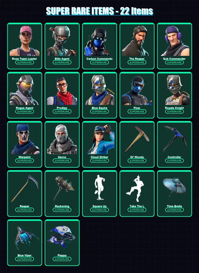 [PC] | Rose Team Leader | Elite Agent | Carbon Commando | The Reaper | Sub Commander | 153 skin | 162 pickaxe | 159 emote | 132 glider | Lv1860