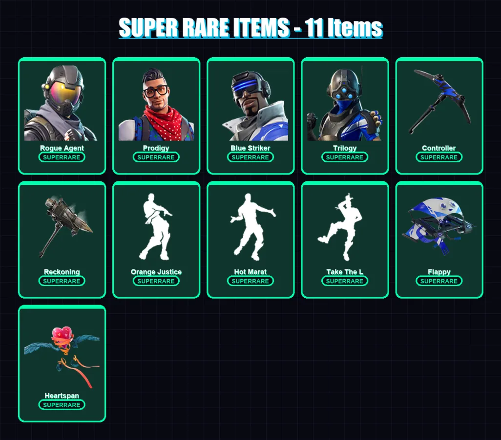 [PS4/PS5/XBOX/PC] | Rogue Agent | Prodigy | Blue Striker | Trilogy | Rox | 46 skin | 29 pickaxe | 37 emote | 28 glider | Lv426