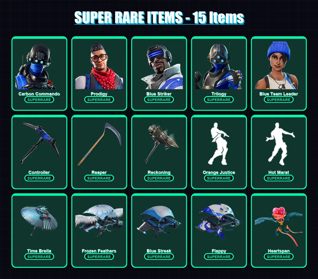 [PC/XBOX] | Carbon Commando | Prodigy | Blue Striker | Trilogy | Blue Team Leader | 79 skin | 84 pickaxe | 81 emote | 92 glider | Lv1451