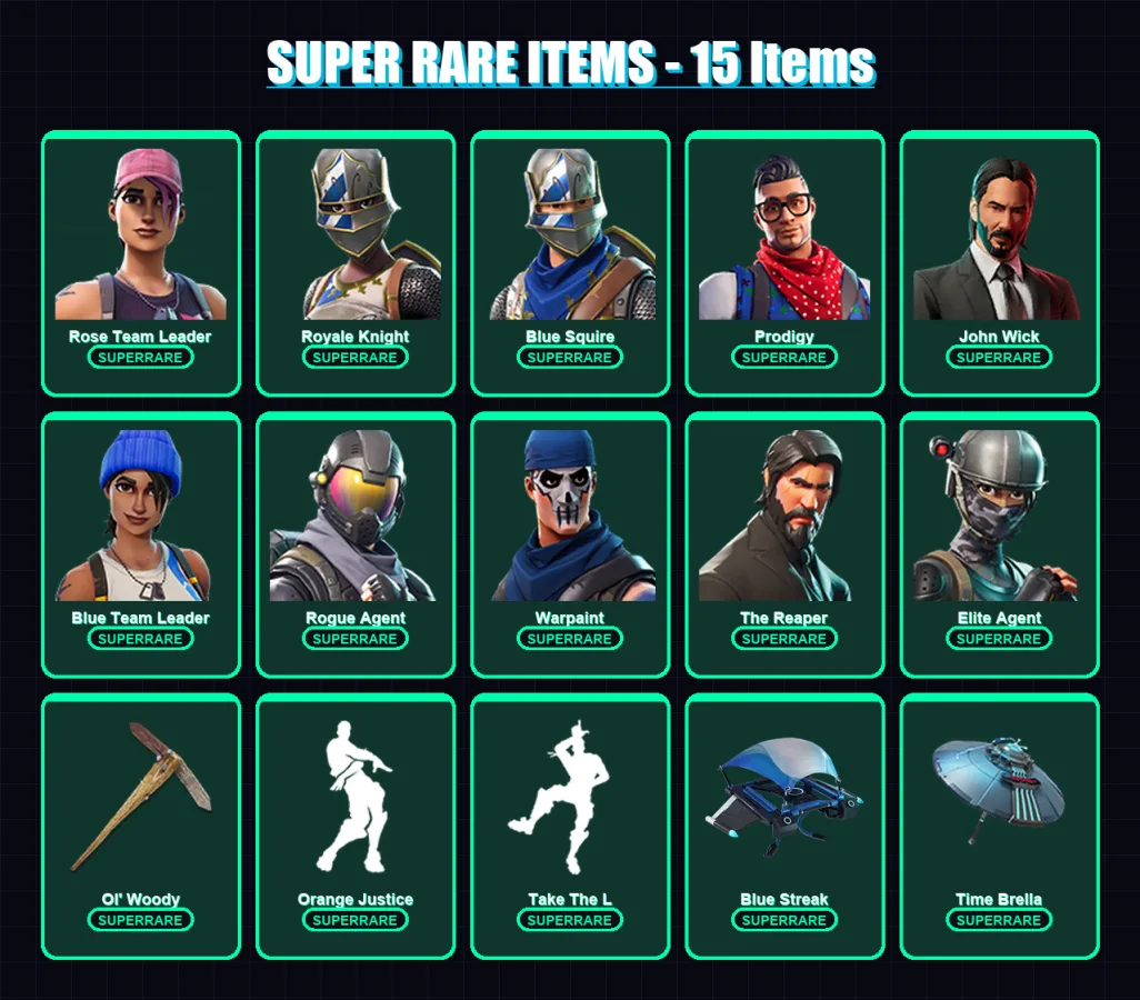 [PS4/PS5/XBOX/PC] | Rose Team Leader | Royale Knight | Blue Squire | Prodigy | John Wick | 91 skin | 95 pickaxe | 122 emote | 88 glider | Lv1633