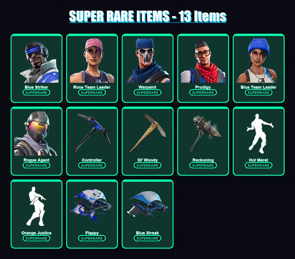 [PS4/PS5/XBOX/PC] | Blue Striker | Rose Team Leader | Warpaint | Prodigy | Blue Team Leader | 72 skin | 70 pickaxe | 73 emote | 58 glider | Lv704