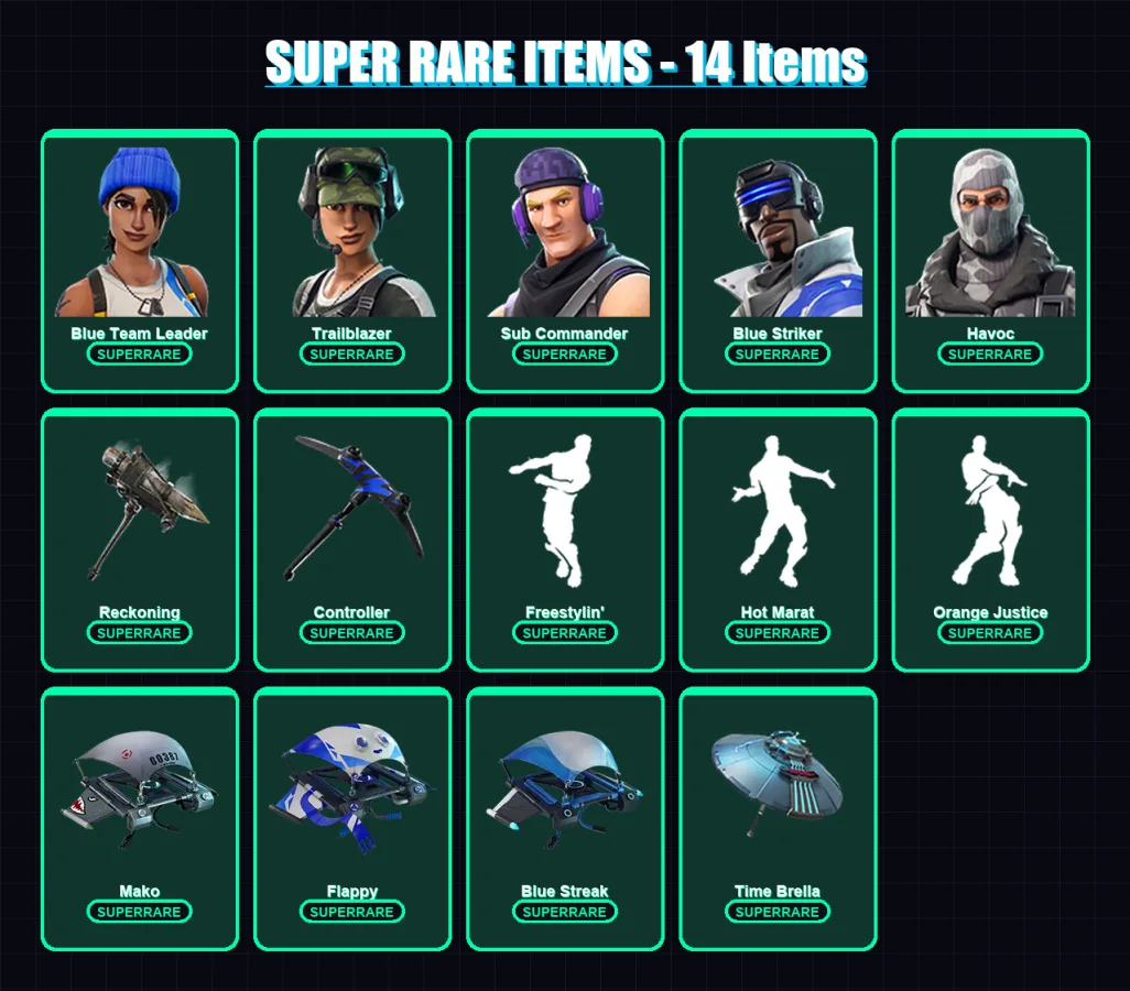 [PS4/PS5/XBOX/PC] | Blue Team Leader | Trailblazer | Sub Commander | Blue Striker | Havoc | 48 skin | 51 pickaxe | 56 emote | 59 glider | Lv1056