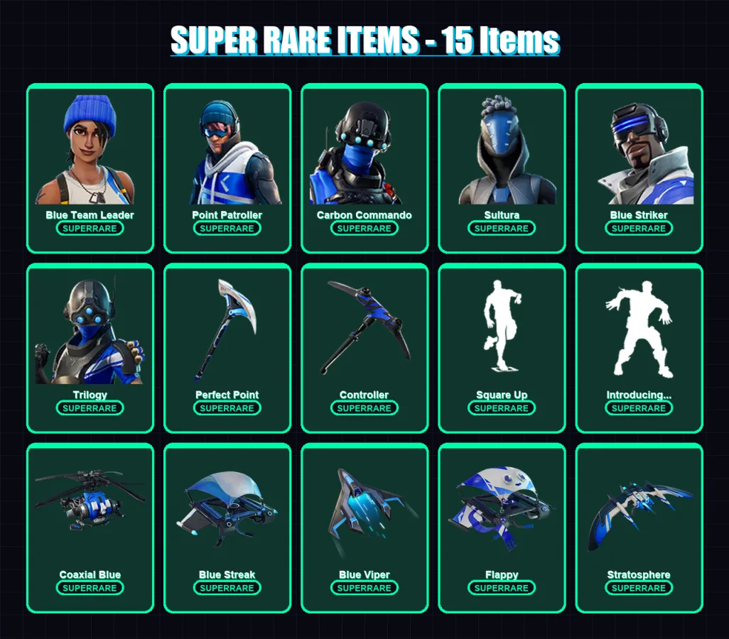[PS4/PS5/XBOX/PC] | Blue Team Leader | Point Patroller | Carbon Commando | Sultura | Blue Striker | 12 skin | 19 pickaxe | 12 emote | 14 glider | Lv