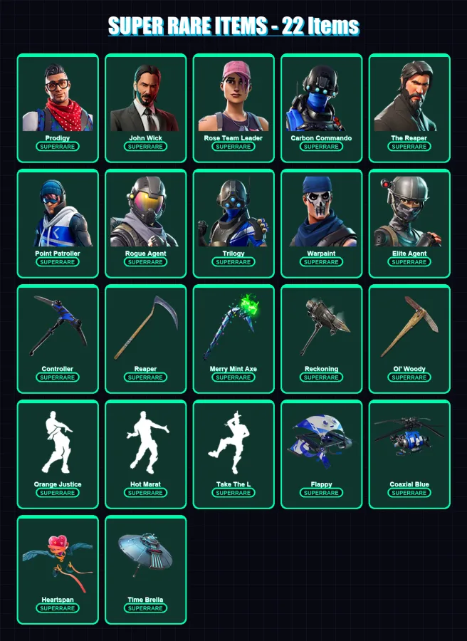 [PC/XBOX/PSN] | Prodigy | John Wick | Rose Team Leader | Carbon Commando | The Reaper | 155 skin | 111 pickaxe | 119 emote | 106 glider | Lv1185 — Fortnite account