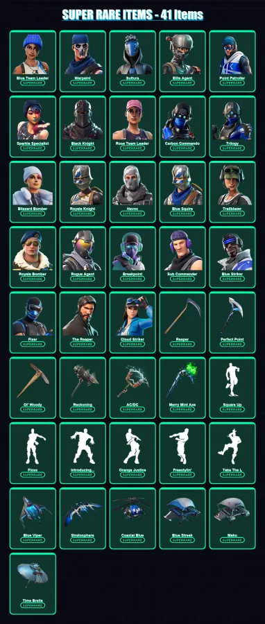 [PS4/PS5/XBOX/PC] | Blue Team Leader | Warpaint | Sultura | Elite Agent | Point Patroller | 180 skin | 107 pickaxe | 95 emote | 93 glider | Lv1125