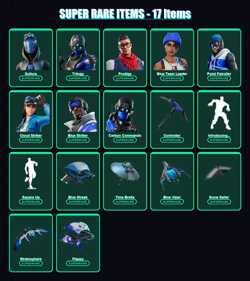 [PC/XBOX/PSN] | Sultura | Trilogy | Prodigy | Blue Team Leader | Point Patroller | 67 skin | 84 pickaxe | 66 emote | 83 glider | Lv1606