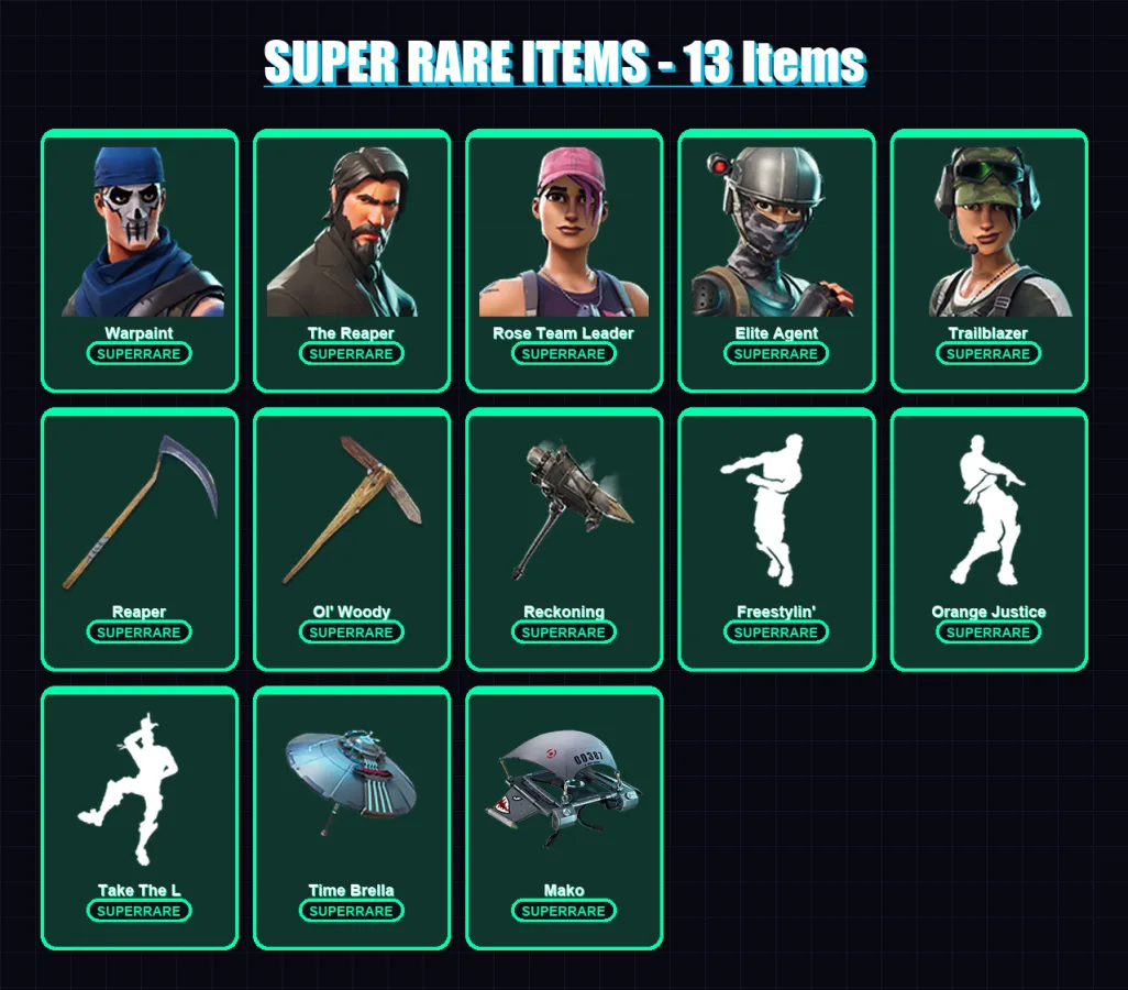 [PC/XBOX] | Warpaint | The Reaper | Rose Team Leader | Elite Agent | Trailblazer | 41 skin | 35 pickaxe | 55 emote | 44 glider | Lv517