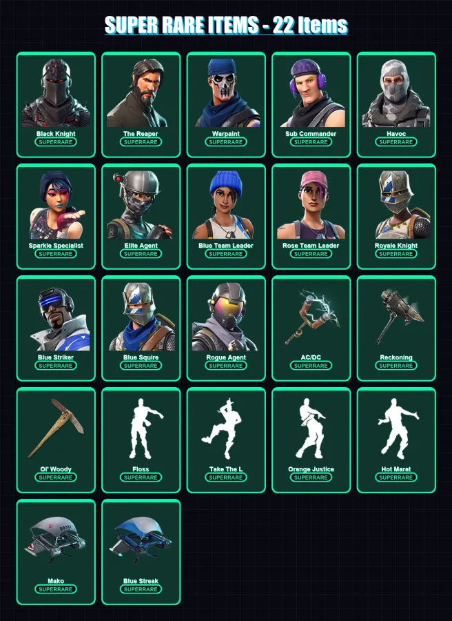 [PS4/PS5/XBOX/PC] | Black Knight | The Reaper | Warpaint | Sub Commander | Havoc | 47 skin | 45 pickaxe | 47 emote | 50 glider | Lv672