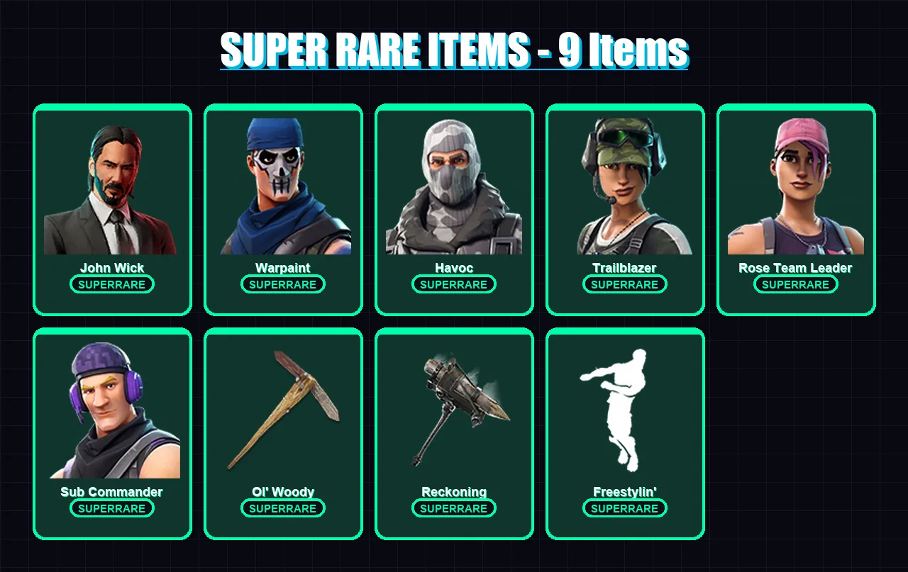 [PC/XBOX] | John Wick | Warpaint | Havoc | Trailblazer | Rose Team Leader | 175 skin | 179 pickaxe | 136 emote | 109 glider | Lv962
