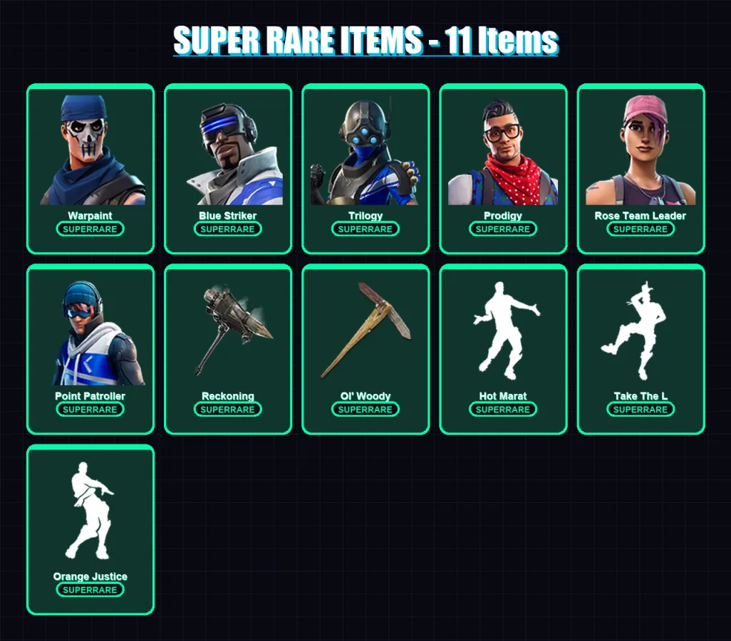 [PS4/PS5/XBOX/PC] | Warpaint | Blue Striker | Trilogy | Prodigy | Rose Team Leader | 42 skin | 35 pickaxe | 42 emote | 37 glider | Lv481