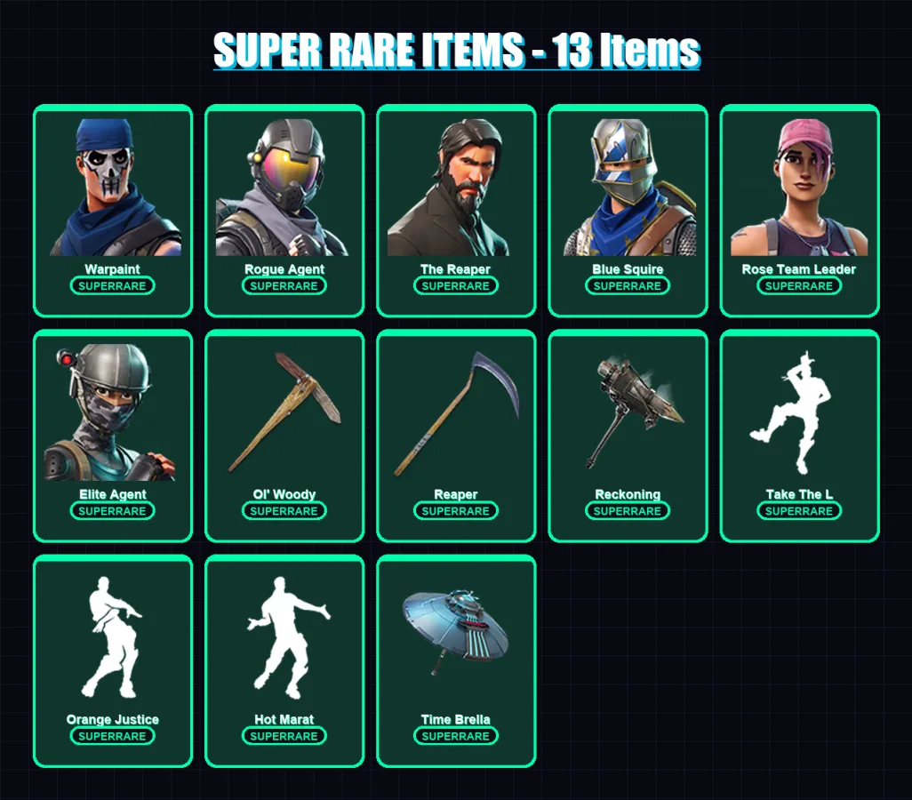 [PC/XBOX/PSN] | Warpaint | Rogue Agent | The Reaper | Blue Squire | Rose Team Leader | 115 skin | 117 pickaxe | 124 emote | 102 glider | Lv1490