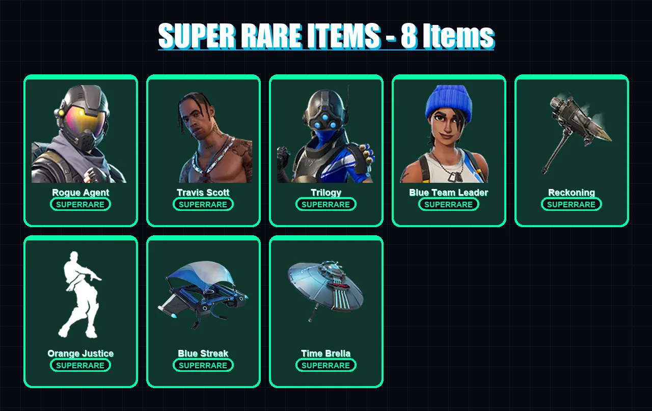 [PS4/PS5/XBOX/PC] | Rogue Agent | Travis Scott | Trilogy | Blue Team Leader | Catalyst | 82 skin | 74 pickaxe | 75 emote | 76 glider | Lv1191