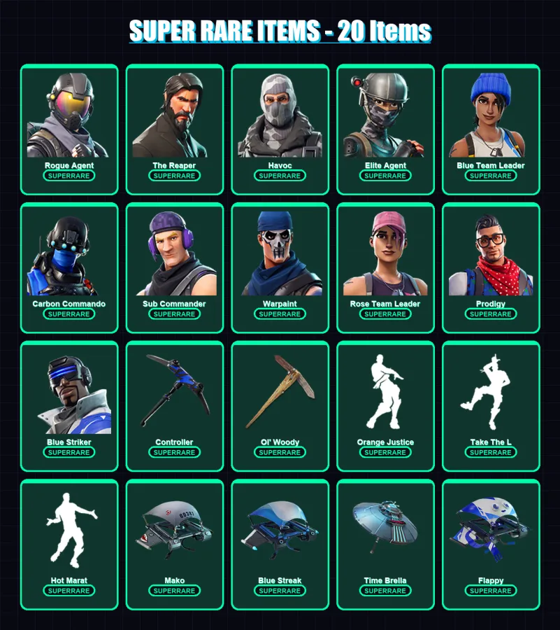 [PS4/PS5/XBOX/PC] | Rogue Agent | The Reaper | Havoc | Elite Agent | Blue Team Leader | 40 skin | 44 pickaxe | 45 emote | 56 glider | Lv689